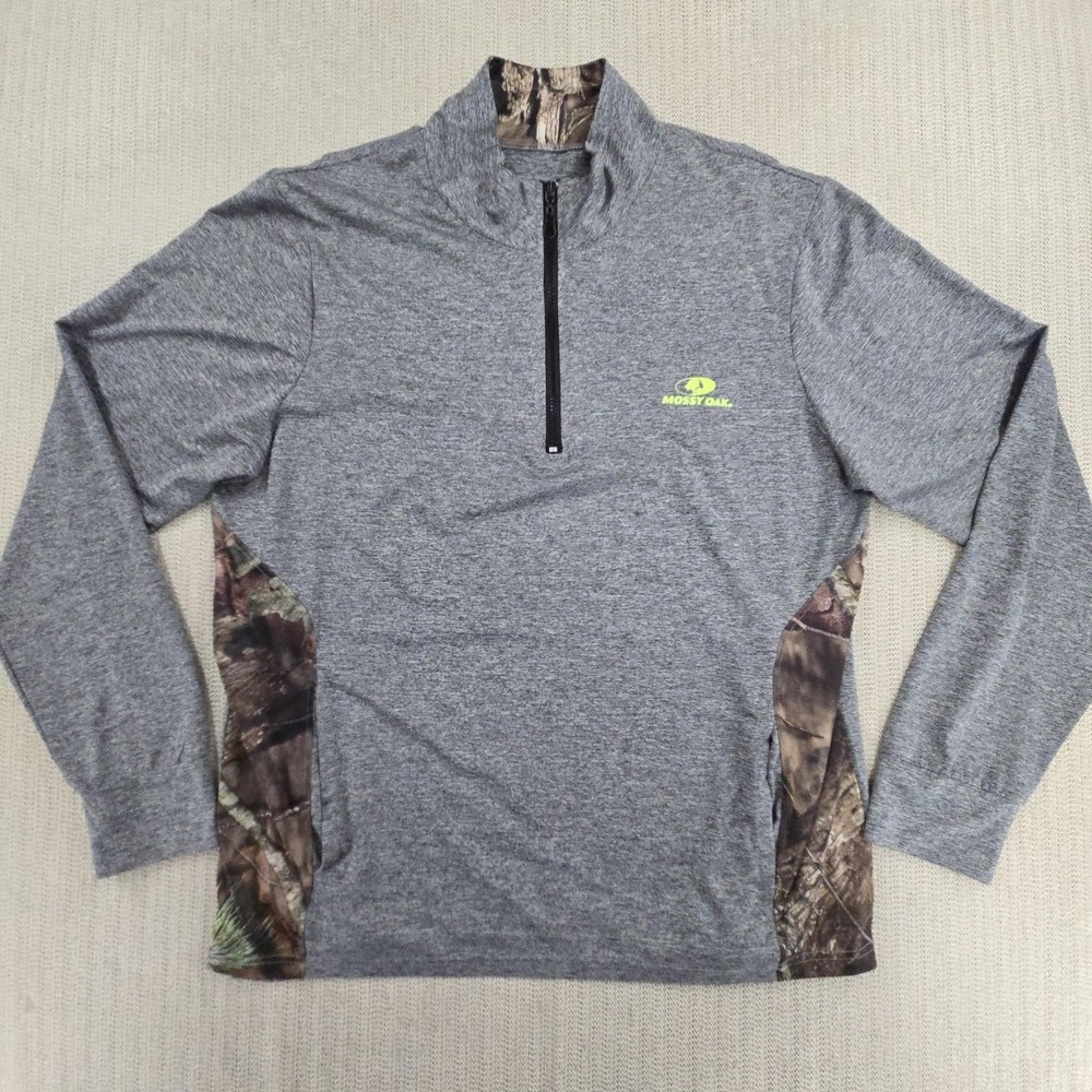 Mossy Oak Shirt Mens Large Gray 1/4 Zip Camo Panels Long Sleeve Hunting Top